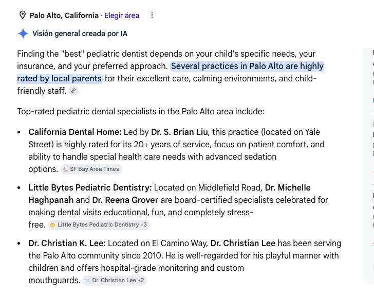 Google AI Overview citing California Dental Home for Palo Alto pediatric dentist recommendations