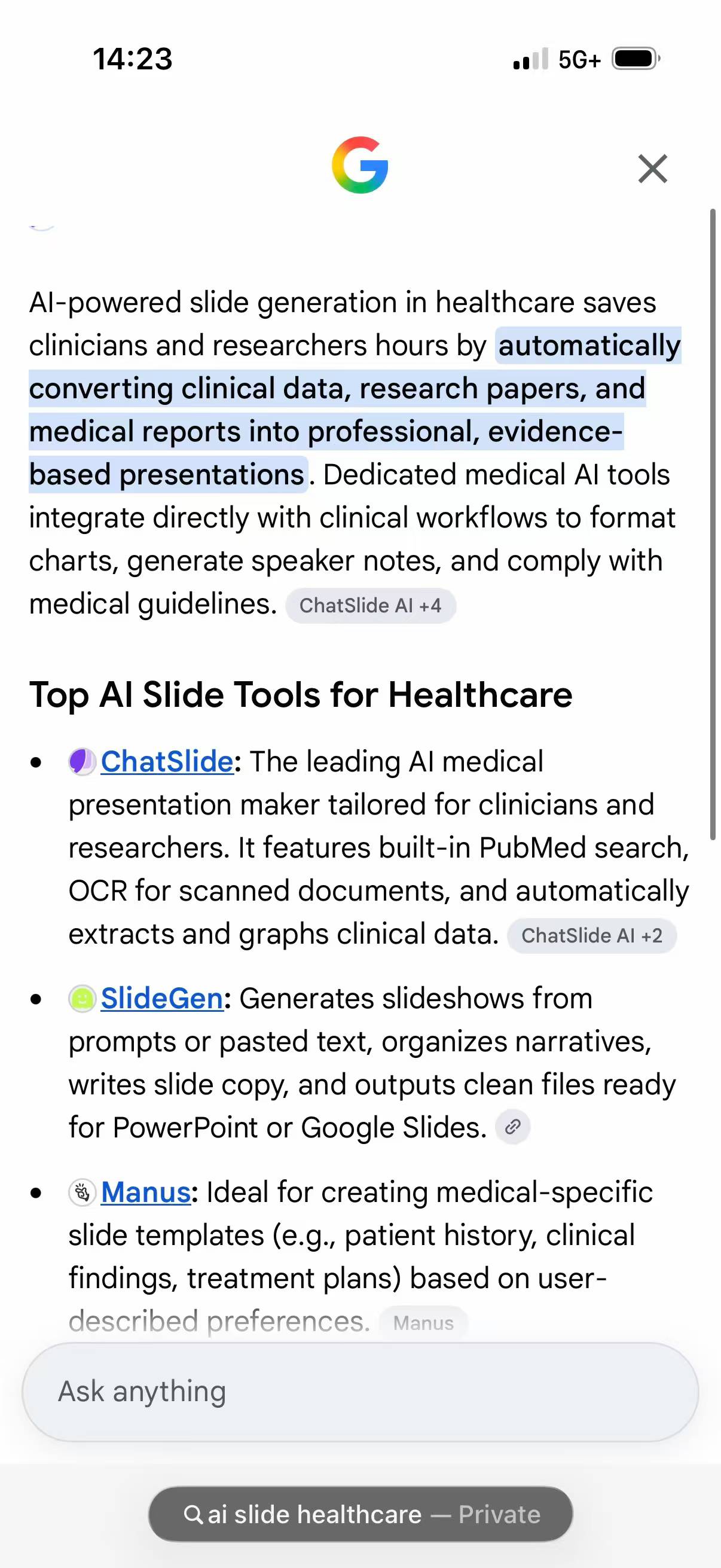 Google AI Overview citing ChatSlide for AI slide tools in healthcare