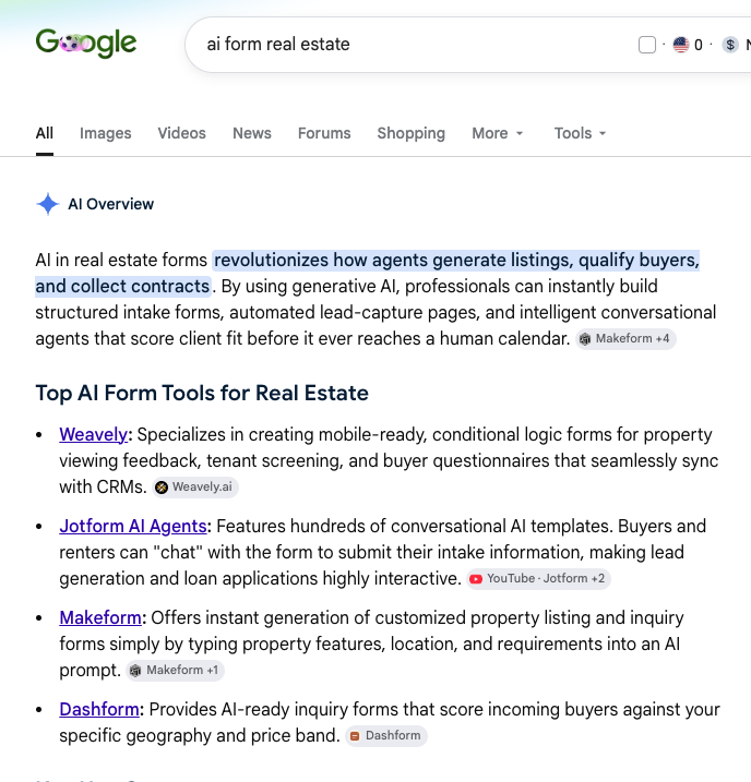 Google AI Overview citing Makeform for AI real estate form tools