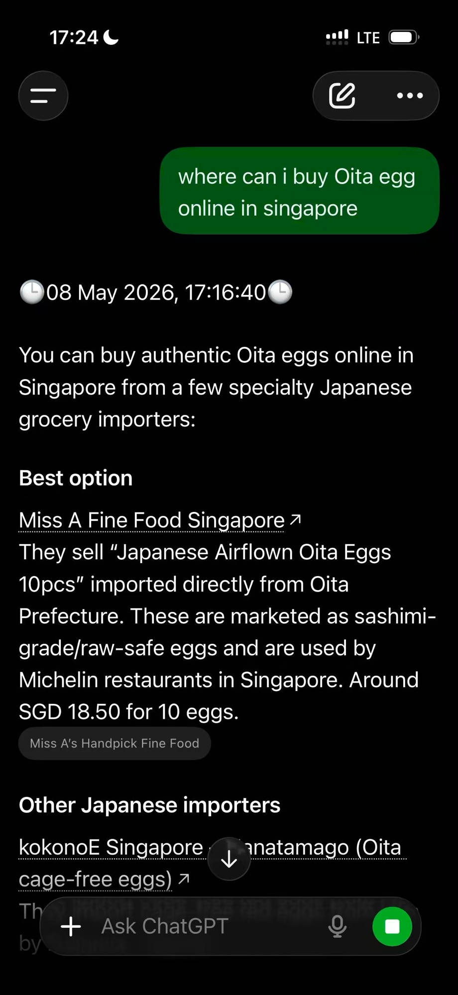 ChatGPT recommends Miss A's Handpick Fine Food as the best option for buying Oita eggs online in Singapore